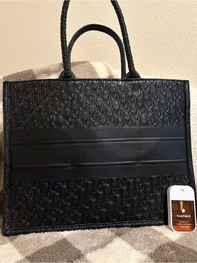 Black Embossed High Fashion Inspired Tote Bag with Top Handles